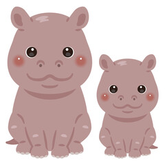 お座りしたカバの親子イラスト