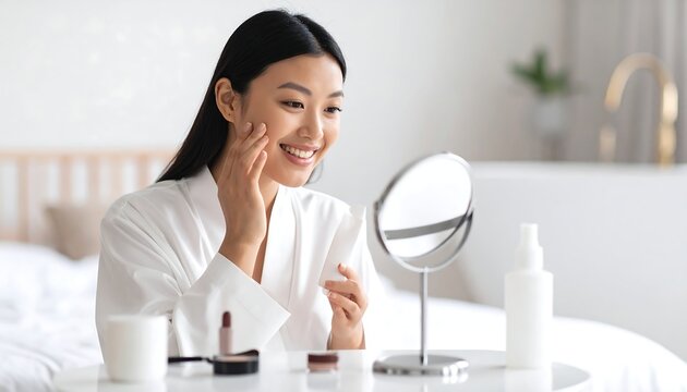 A smiling young woman in a white robe applies makeup while looking in a small mirror - Powered by Adobe