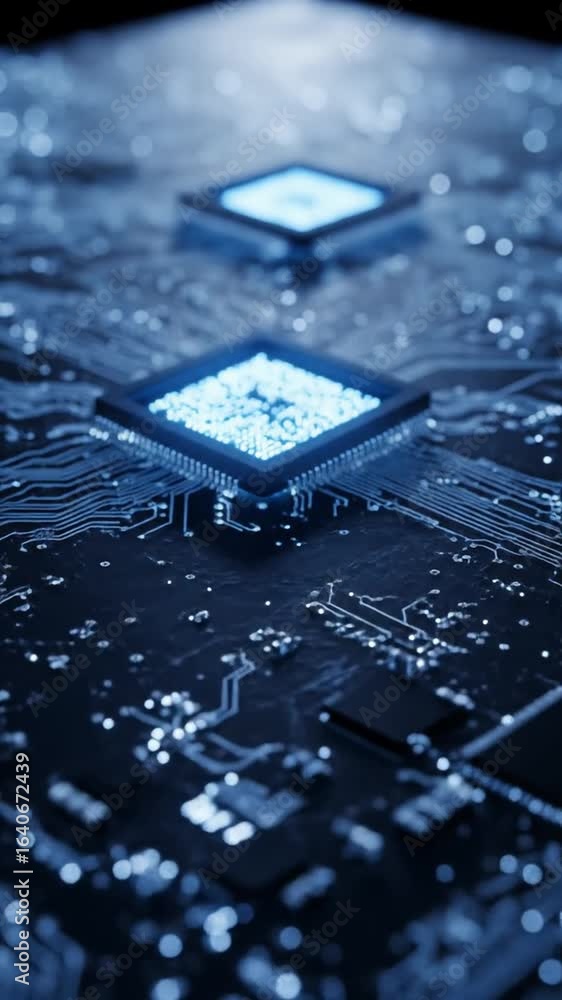 Poster illuminated blue circuit board with microchips and electronic components featuring intricate pathway