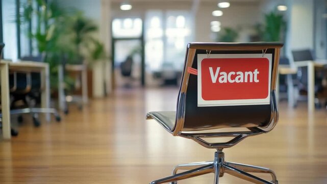 Empty office chair with "Vacant" sign in modern workspace