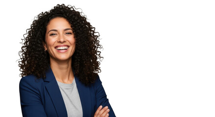 Woman with curly hair laughing, arms crossed, isolated on transparent background