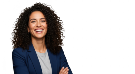 Woman with curly hair laughing, arms crossed, isolated on transparent background