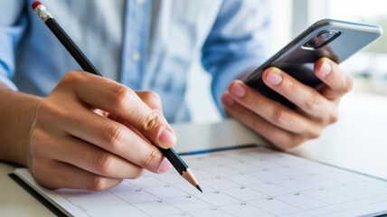 Task Management - A person's hands writing on a calendar with a pencil while holding a smartphone, for scheduling and planning