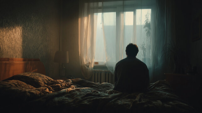 A man is sitting on a bed in a room - Powered by Adobe