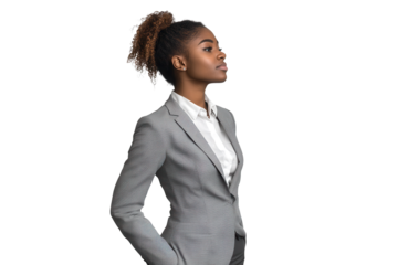 Confident African American businesswoman wearing a grey suit stands poised against a minimalist background in a professional setting