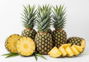 Fresh ripe pineapples whole sliced and cubed on white background