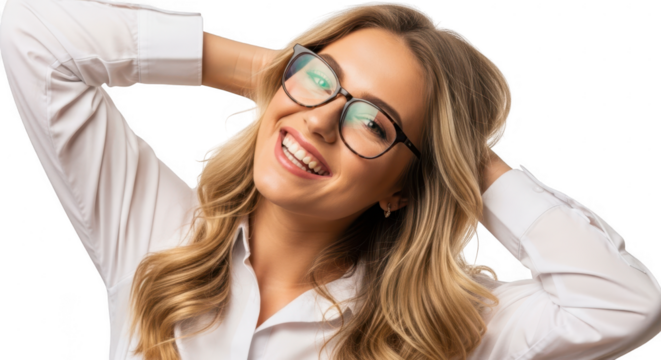 Woman with glasses smiling, hands behind head, isolated on transparent background