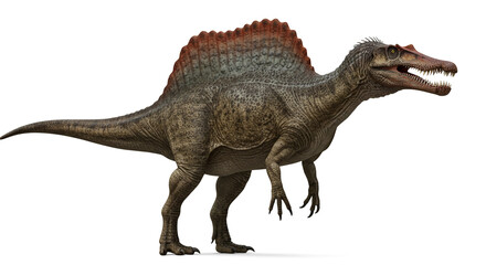 A full body view of a spinosaurus dinosaur with a large sail on its back on white background