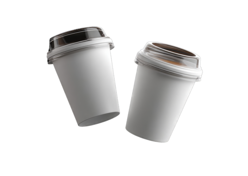 Two white disposable coffee cups with lids, one filled