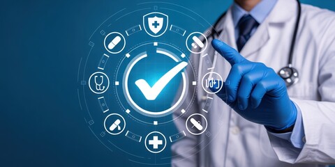 Medical Quality Assurance - A doctor's hand touching a glowing checkmark icon, with a circular diagram of medical icons, symbolizing certified healthcare