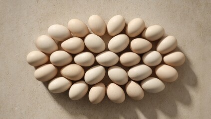 Light beige eggs arranged in a loose oval pattern on a light beige surface