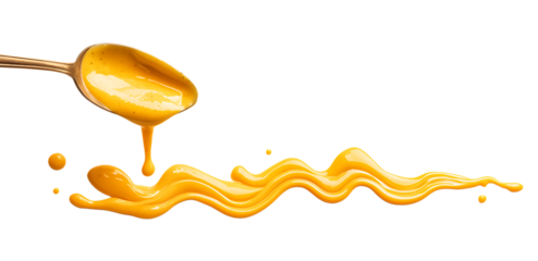 Yellow dripping sauce from a spoon with golden wave pattern isolated on a transparent background