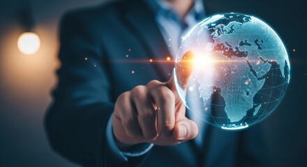 Global Network Technology Concept: Man Interacting with Digital Globe, Representing International Business and Connectivity