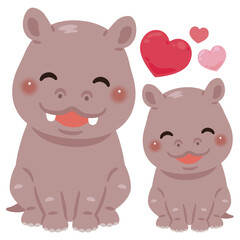 お座りした笑顔のカバの親子イラスト