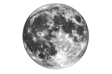 Full moon shining brightly on a transparent background showcasing details of lunar surface and craters illuminated by sunlight at night