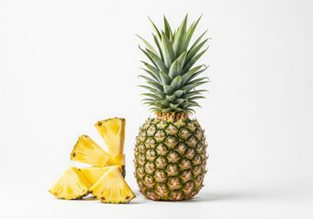 Whole pineapple and slices on a white background