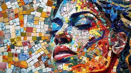 A vibrant mosaic depicts a woman basking in golden sunlight with closed eyes and serene expression.