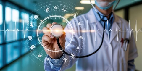 Telemedicine - A doctor holding a stethoscope, with a digital overlay of a heart rate monitor and a network of medical icons, symbolizing health technology