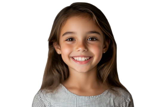 Charming portrait of a joyful little girl with long hair, smiling brightly in a studio setting during a cheerful moment