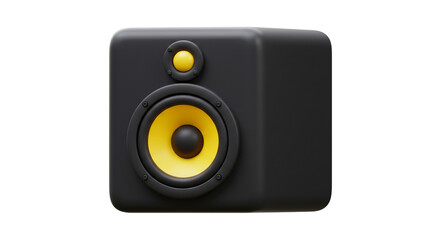 Fototapeta premium Isolated close up of a black audio speaker with yellow cone and tweeter on white background