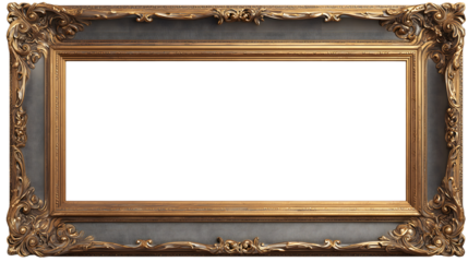 An ornate, antique golden picture frame with detailed carvings and a large, empty rectangular space for artwork or photographs.