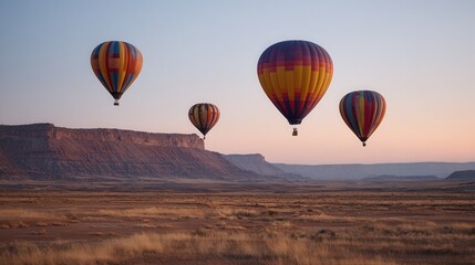 Obraz premium Vibrant hot air balloons over desert landscape at sunrise.