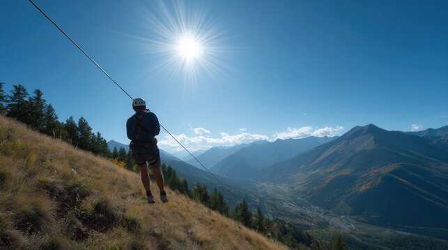 Young caucasian male ziplining across mountain valley on a sunny day.