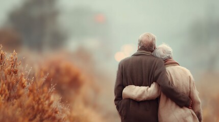 Back view of elderly couple walking arm in arm on a misty autumn path. Warm soft tones and blurred background create a peaceful, emotional scene of love, care, and togetherness.