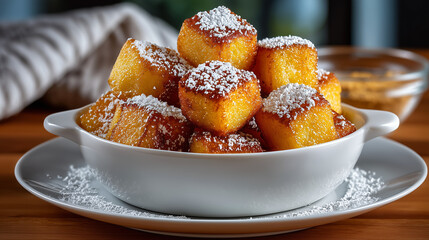 Golden brown Nigerian chin chin cubes in a white ceramic bowl on a wooden table