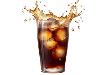 Splashing carbonated beverage with ice cubes in a glass captured in a bright setting during a warm afternoon