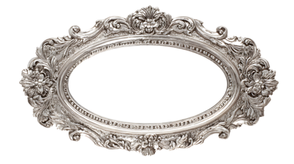 An ornate silver oval picture frame with detailed floral and scrollwork designs, perfect for displaying photographs and artwork.