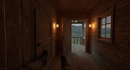 Wooden cabin hallway with scenic mountain view