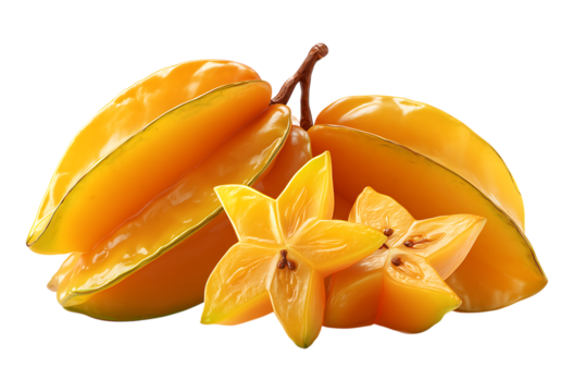 yellow star fruit with two whole and one sliced star fruit isolated on a transparent background