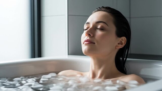 Serene Woman Embracing Cold Plunge Therapy in a Modern Ice-Filled Bathtub