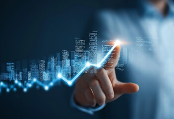  A business person holding out their hand with digital financial graphs and charts floating above, representing the concept of growth through virtual marketing