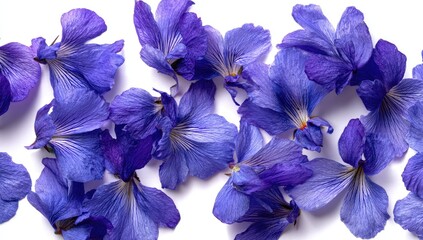 Scattered blue petals, studio shot, white background, floral design, website header