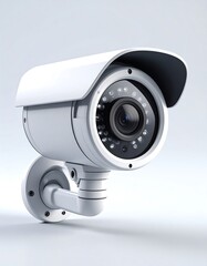 A white security camera, mounted on a wall, angled slightly to the right