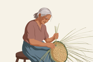 Flat vector illustration of an elderly woman weaving a traditional wicker basket. A senior artisan engaged in a handmade craft.