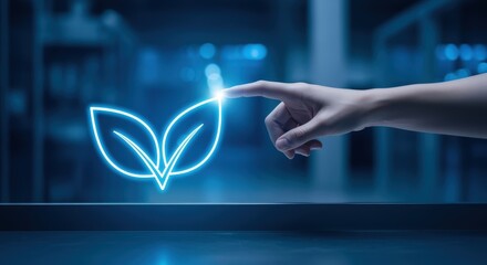 Sustainable Technology Concept: Hand Interacting with Glowing Leaf Icon on Futuristic Interface for Eco-Friendly Innovation