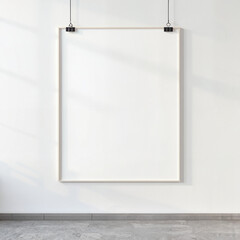 Empty white frame hanging on wall in modern interior space  