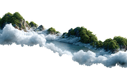 Floating Paradise: A breathtaking, isolated island scene of lush green-covered mountains floating in a sea of fluffy clouds.