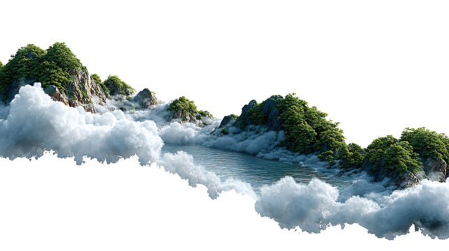 Floating Paradise: A breathtaking, isolated island scene of lush green-covered mountains floating in a sea of fluffy clouds.