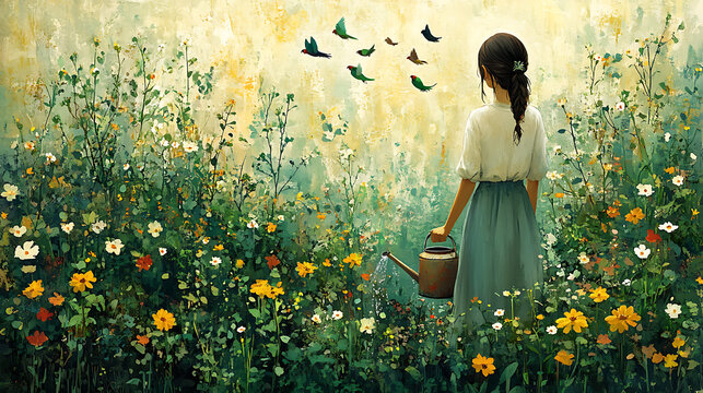Cartoon woman watering plants while parakeets flutter around 