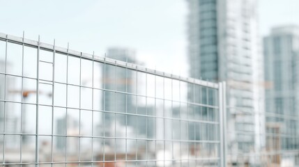 Obraz premium Construction Site Safety Fence with Modern Buildings: Urban Development and Infrastructure Protection in Progress