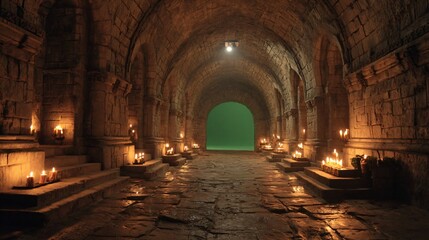 Naklejka premium Stone corridor with lit candles and a green screen background.
