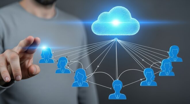 Cloud Computing Connection: Man Interacting with Virtual Network of People, Data, and Technology