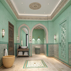 Bathroom with seafoam green walls, Moroccan tile border, and natural stone accents.