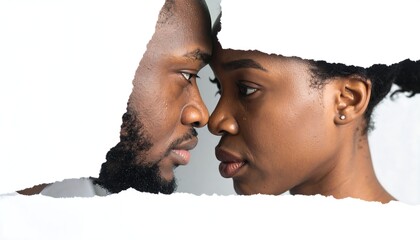 Intimate connection: African couple facing each other through torn paper with emotional intensity