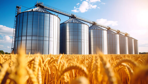Modern grain silos in wheat field