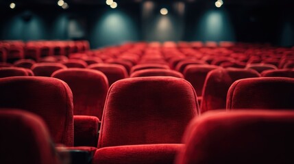 Fototapeta premium Rows of Empty Red Seats in a Theater or Cinema Auditorium Before a Show